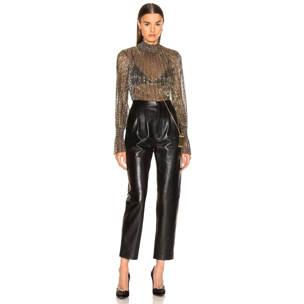 L'AGENCE Paola Blouse XS Gold Black Metallic Sheer Pleated Mock Neck Sexy Chic - Picture 16 of 16